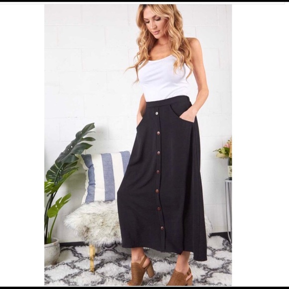 Dresses & Skirts - New! Georgette Skirt in Black With Wood Buttons (Black Silk Maxi Skirt)